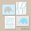 Elephants Nursery Wall Art Decor Baby Blue Gray Polkadots Love Dream Big Little One Twins Brothers Boy Baby Shower Gift C335