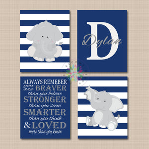 Elephants Nursery Wall Art Decor Navy Blue Gray Always Remember you are breaver than you believe Baby Boy Name C731-Sweet Blooms Decor