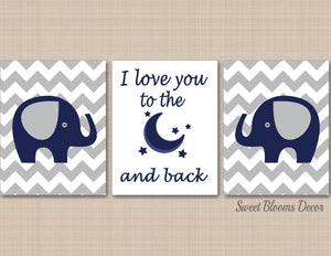 Elephants Nursery Wall Art Decor Navy Blue Gray Chevron I Love You To The Moon and & Back Twins Brothers Shower Gift C144-Sweet Blooms Decor