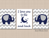 Elephants Nursery Wall Art Decor Navy Blue Gray Chevron I Love You To The Moon and & Back Twins Brothers Shower Gift C144-Sweet Blooms Decor