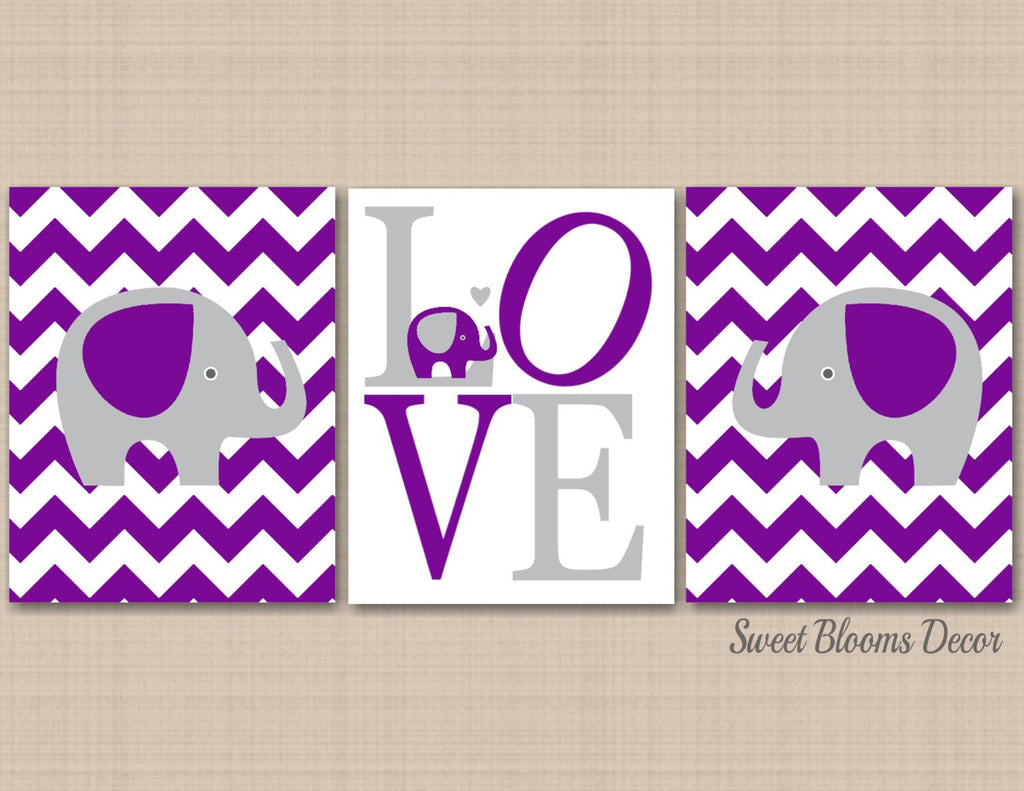 Elephants Nursery Wall Art Lavender Gray Purple Girl Chevron Love Baby Girl Bedroom Decor C368-Sweet Blooms Decor