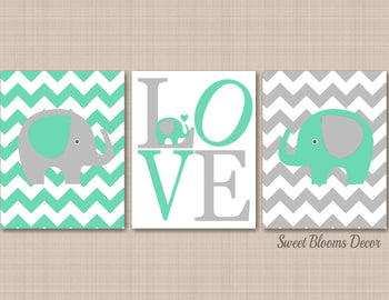 Elephants Nursery Wall Art Mint Green Gray Chevron Love Elephant Nursery Decor Baby Boy Bedroom Decor Shower Gift C559-Sweet Blooms Decor