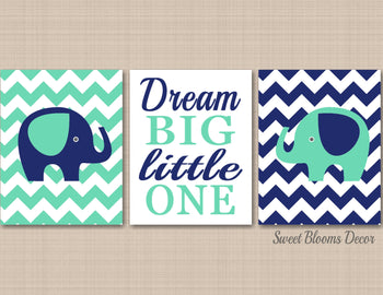 Elephants Nursery Wall Art Mint Green Navy Blue Chevron Dream Big Little One Baby Boy Bedroom Decor Twins Brothers C550-Sweet Blooms Decor