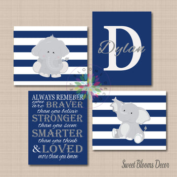 Elephants Nursery Wall Art Navy Blue Gray Always Remember you are braver than you believe Baby Boy Name C731-Sweet Blooms Decor