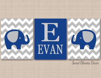 Elephants Nursery Wall Art Navy Blue Gray Chevron Baby Boy Bedroom Decor Name Monogram Baby Shower Gift Modern Simple C277-Sweet Blooms Decor