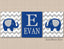 Elephants Nursery Wall Art Navy Blue Gray Chevron Baby Boy Bedroom Decor Name Monogram Baby Shower Gift Modern Simple  C277