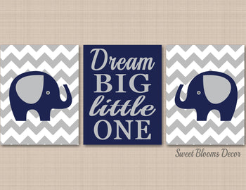 Elephants Nursery Wall Art Navy Blue Gray Chevron Dream Big Little One Baby Boy Bedroom Decor Modern Baby Shower Gift C139-Sweet Blooms Decor