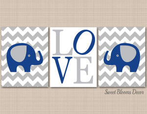 Elephants Nursery Wall Art Navy Blue Gray Chevron Gray Elephant Nursery Decor Love Baby Boy Bedroom Decor Baby Shower C277-Sweet Blooms Decor