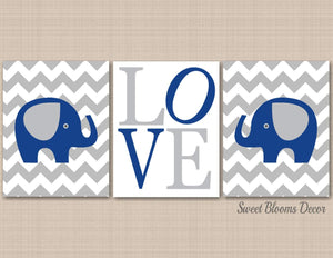 Elephants Nursery Wall Art Navy Blue Gray Chevron Gray Elephant Nursery Decor Love Baby Boy Bedroom Decor Baby Shower C277-Sweet Blooms Decor