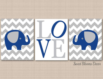 Elephants Nursery Wall Art Navy Blue Gray Chevron Gray Elephant Nursery Decor Love Baby Boy Bedroom Decor Baby Shower C277-Sweet Blooms Decor