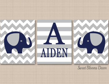 Elephants Nursery Wall Art Navy Blue Gray Chevron Stripes Name Monogram Elephant Animals Nursery Decor Shower Gift Modern-Sweet Blooms Decor