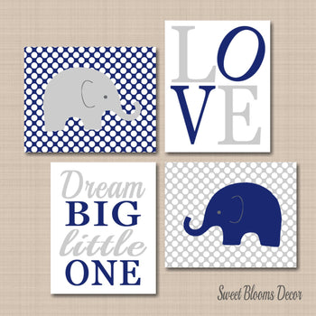 Elephants Nursery Wall Art Navy Blue Gray Polkadots Polka Dots Baby Boy Bedroom Decor Dream Big Little One UNFRAMED C336-Sweet Blooms Decor