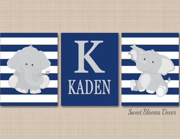 Elephants Nursery Wall Art Navy Blue Gray Stripes Name Monogoram Baby Boy Bedroom Decor Modern BAby Shower Gift Sign C612-Sweet Blooms Decor