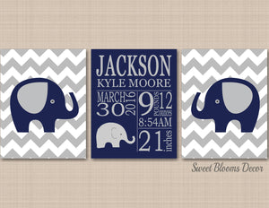 Elephants Nursery Wall Art Navy Blye Gray Chevron Birth Announcement Birth Stats Baby Shower Gift Baby Boy Bedroom Decor-Sweet Blooms Decor