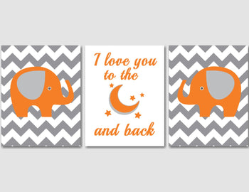 Elephants Nursery Wall Art Orange Gray Chevron Baby Boy Bedroom Decor I Love You To The Moon And Back Shower Gift C145-Sweet Blooms Decor
