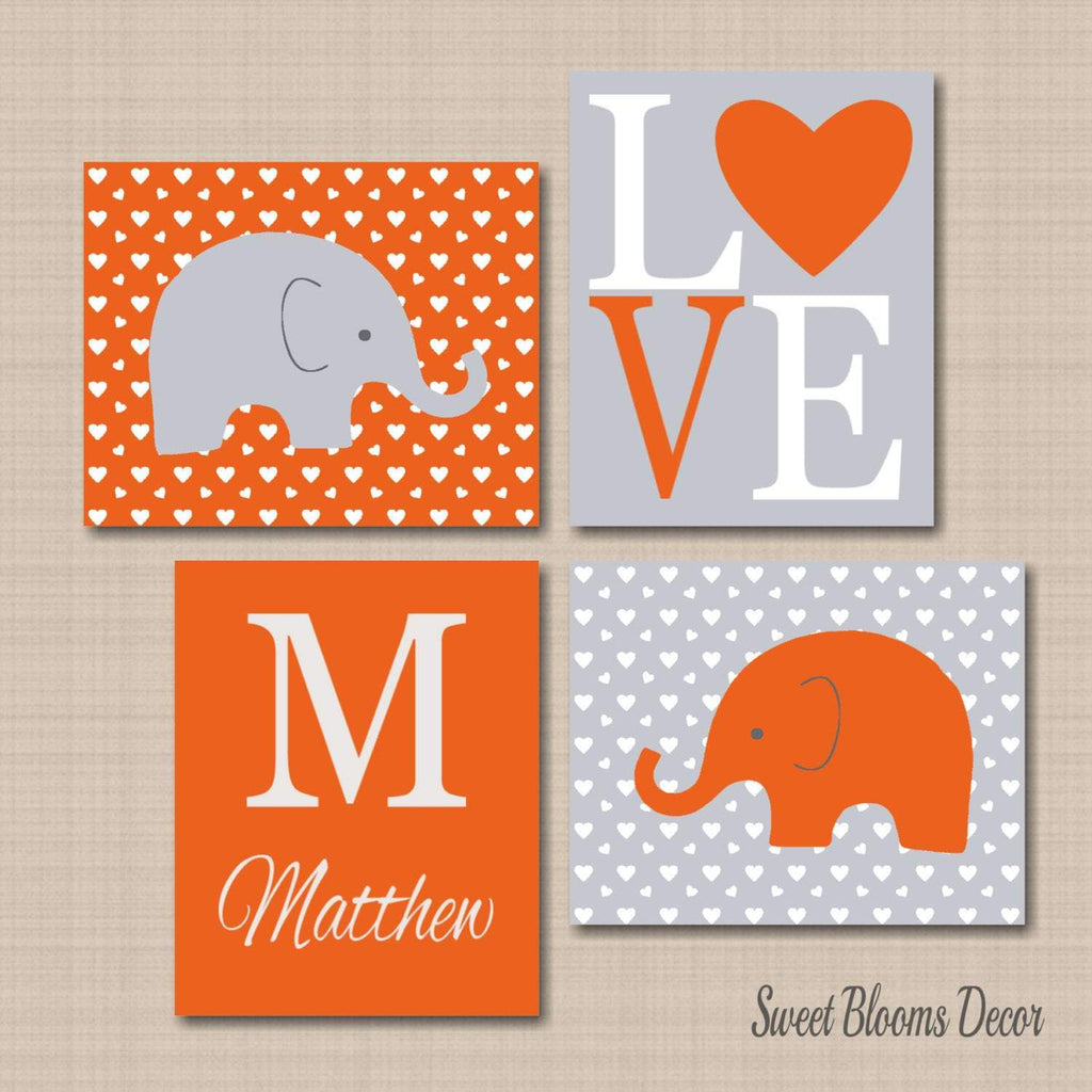 Elephants Nursery Wall Art Orange Gray Hearts Love Name Monogram Baby Boy Bedroom Decor Baby Shower Gift Animals C146-Sweet Blooms Decor
