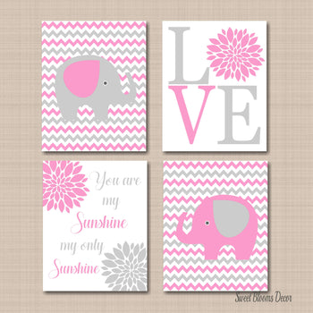Elephants Nursery Wall Art Pink Gray Floral Flowers Cgevrom You Are My Sunshine Love Baby Girl Bedroom DEcor C497-Sweet Blooms Decor