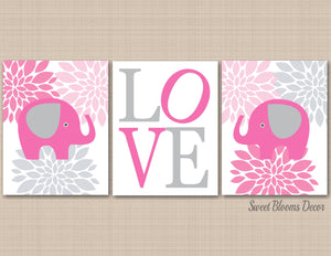 Elephants Nursery Wall Art Pink Gray Flowera Flowers Baby Girl Bedroom Decor Love Name Elephant Decor C138-Sweet Blooms Decor