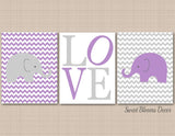 Elephants Nursery Wall Art Purple Lavender Gray Chevron Love Baby Girl Bedroom Decor Wall Art Name Baby Shower Gift C372-Sweet Blooms Decor