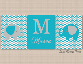Elephants Nursery Wall Art Teal Blue Gray Chevron Nursery Wall Art Aqua Blue Gray Nursery Decor Baby Boy Room Gray C553-Sweet Blooms Decor