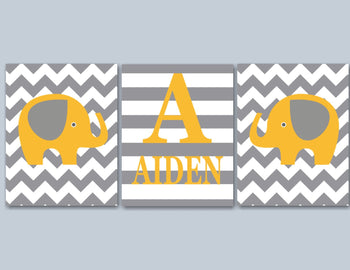 Elephants Nursery Wall Art Yellow Gray Chevron Stripes Neutral Baby Boy Girl Bedroom Decor Name Monogram Baby Shower C156-Sweet Blooms Decor