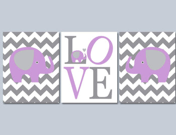 Elephants Purple Gray Nursery Wall Art Chevron Girl Bedroom Decor Love Lavender Gray UNFRAMED C150-Sweet Blooms Decor