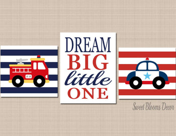 Emergency Rescue Vehicles Wall Art Fire Truck Police Car Kids Boy Decor Red Navy Blue Dream Big Little One Baby Shower C404-Sweet Blooms Decor