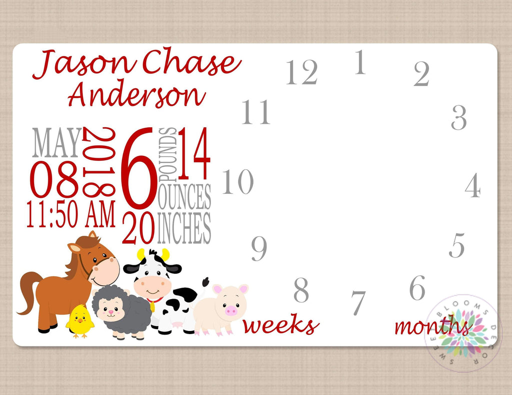 Farm Animals Milestone Blanket Cow Horse Sheep Pig Monthly Tracker Baby Blanket Girl Boy Photo Prop Personalized Baby Shower Gift Red B567-Sweet Blooms Decor