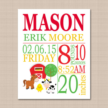 Farm Birth Print,Farm Animals Nursery Art,Farm Birth Announcement,Barnyard Farm Baby ,Tractor Farm Nursery Decor- PRINT OR CANVAS-Sweet Blooms Decor