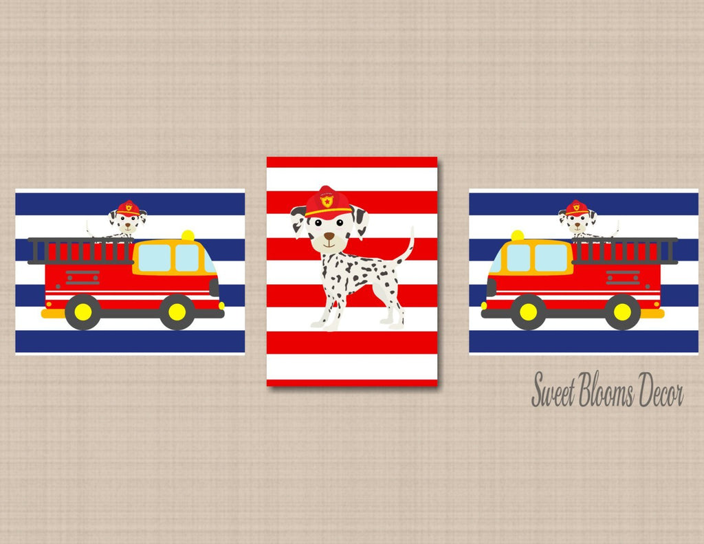 Fire Truck Nursery Wall Art Baby Boy Kids Bedroom Decor Navy Blue Red Stripes Dalmation Nursery Decor Fire Dog Room C161-Sweet Blooms Decor