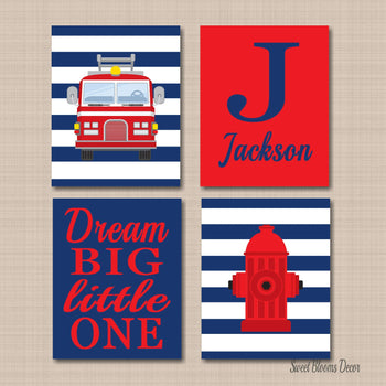 Fire Truck Nursery Wall Art Fire Truck Kids Bedroom Decor Red Navy Blue Hydant Name Monogram Dream Big Kids Room C501-Sweet Blooms Decor