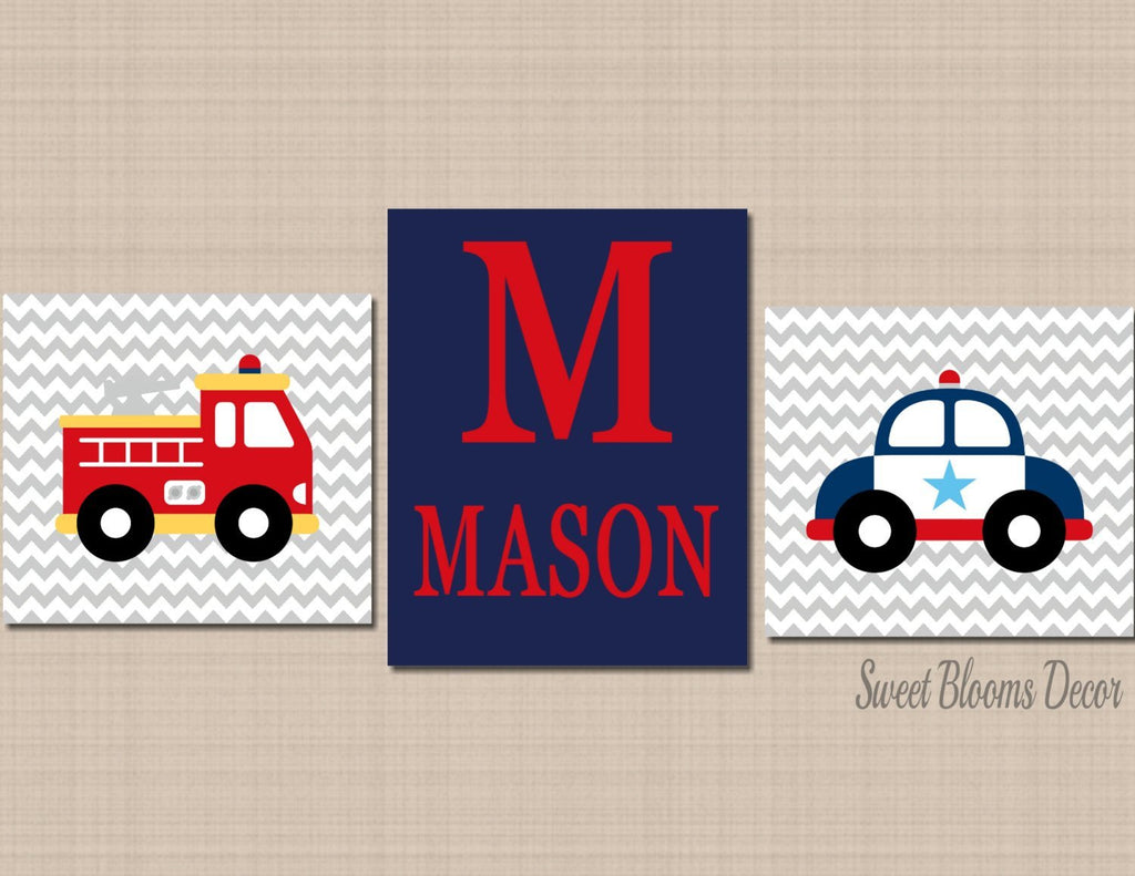 Fire Truck Police Car Kids Nursery Wall Art Emergency Rescue Vehicles Red Navy Blue Gray Name Monogram Decor C405-Sweet Blooms Decor
