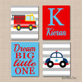Fire Truck Police Car Nursery Wall Art Red Gray Blue Stripes Dream Big Little One Name Monogram Boy Bedroom Decor C589-Sweet Blooms Decor