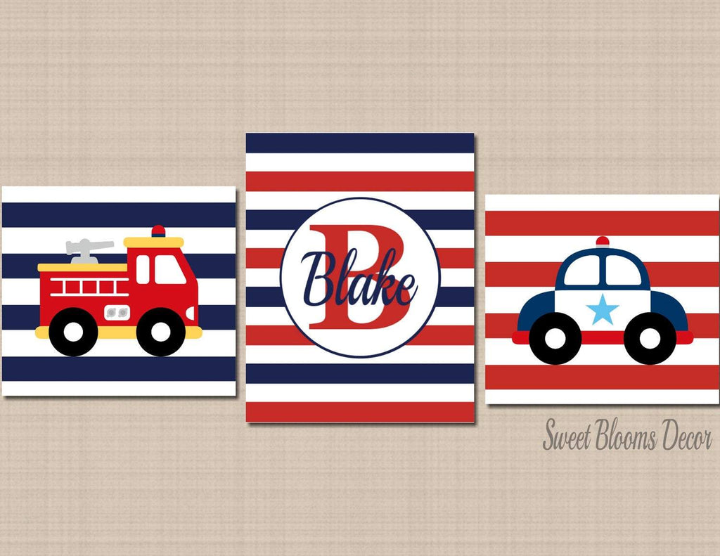 Fire Truck Police Car Wall Art Emergency Rescue Vehicles Navy Blue Red Stripes Name Monogram Boy Bedroom Decor C406-Sweet Blooms Decor