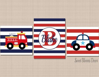 Fire Truck Police Car Wall Art Emergency Rescue Vehicles Navy Blue Red Stripes Name Monogram Boy Bedroom Decor C406-Sweet Blooms Decor