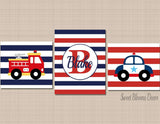 Fire Truck Police Car Wall Art Emergency Rescue Vehicles Navy Blue Red Stripes Name Monogram Boy Bedroom Decor C406-Sweet Blooms Decor