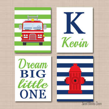 Fire Truck Wall Art Fire Truck Kids Boy Bedroom Decor Navy Blue Lime Green Name Monogram Hydrant Dream Big Little One C584-Sweet Blooms Decor