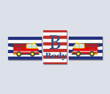 Fire Trucks Nursery Wall Art Fire Trucks Baby Boy Bedroom Decor Name Monogram Navy Blue Red Stripes Baby Shower Gift C162-Sweet Blooms Decor