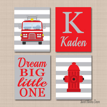 Fire Trucks Nursery Wall Art Red Gray Stripes Hydrant Name Monogram Dream Big Little One Kids Baby Boy Bedroom Decor C500-Sweet Blooms Decor