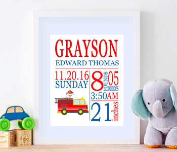 Firetruck Birth Print,Firetruck Birth Announcement,Firetruck Baby ,Firetruck Nursery Decor,FireTruck Art- PRINT OR CANVAS-Sweet Blooms Decor