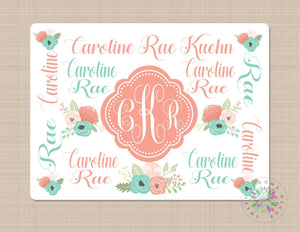 Floral Baby Blanket Coral Mint Baby Girl Monogram Blanket Floral Monogram Blanket Pink Flowers Blanket Pink Name Baby Shower Gift  B400
