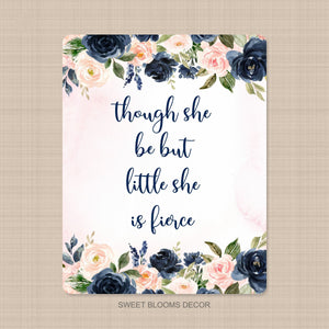 Floral Baby Girl Blanket Watercolor Navy Coral Blush Pink Flowers Though she be but little she is fierce Nursery Bedding Shower Gift B1107