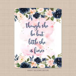 Floral Baby Girl Blanket Watercolor Navy Coral Blush Pink Flowers Though she be but little she is fierce Nursery Bedding Shower Gift B1109