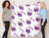 Purple Floral Baby Girl Name Blanket, Purple Lavender Plum Watercolor Flowers Personalized Blanket B326