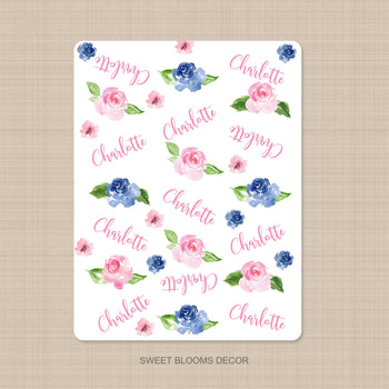 Floral Baby Girl Name Swadddle Blanket Pink Navy Blue Watercolor Flowers Personalized Baby Shower Gift Crib Bedding Swaddle Fleece  B1090