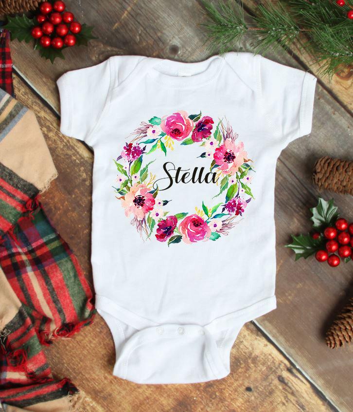 Floral Baby One Piece Bodysuit Pink Floral Personalized Baby Girl Outfit Baby Shower Gift Newborn Infant One-Piece Body Suit Clothes 104-BODY SUITS & T-SHIRTS-Sweet Blooms Decor