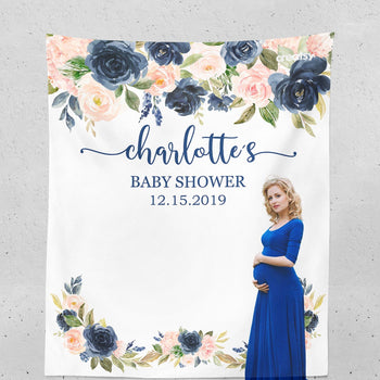 Floral Baby Shower Backdrop with Navy Blue Blush Pink Coral Flowers D102