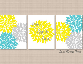 Floral Bathroom Wall Art Yellow Gray Teal Aqua Wall Decor Relax Refresh Renew Bedroom Home Decor Bathroom Decor PRINTS or CANVAS-Sweet Blooms Decor