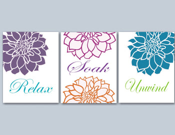 Floral Bathroom Wall Art,Orange Blue Green Bathroom Wall Art,Purple Bathroom,Aqua Bathroom Wall Art,Formula Multi Floral-Sweet Blooms Decor