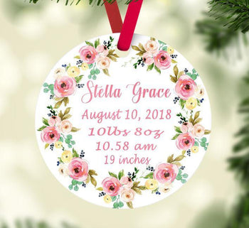 Floral Christmas Ornament Personalized Birth Announcement Wreath Baby Girl 1st First Christmas Baby Shower Gift New Baby Shower Gift Flowers